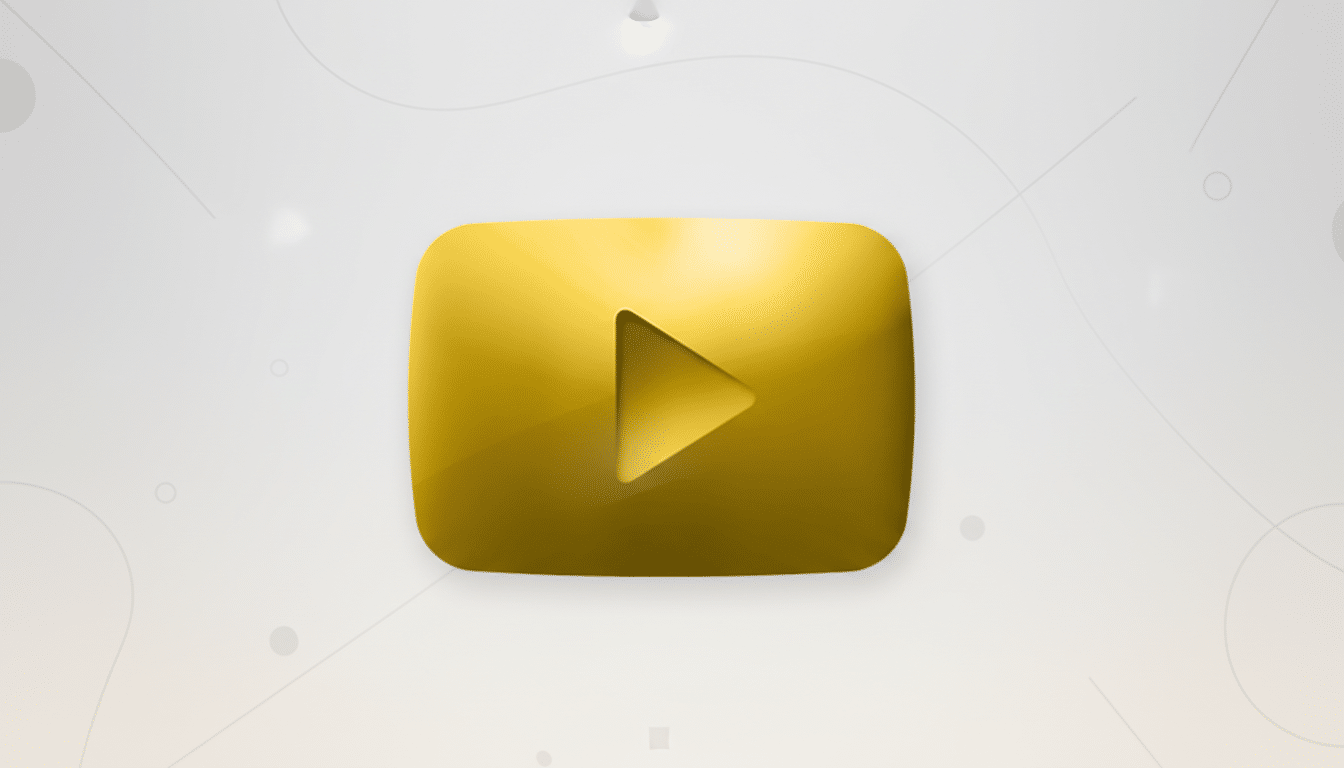 A gold YouTube play button icon centered on a light gray background with subtle geometric patterns and soft gradients, presented in a 16:9 aspect ratio.