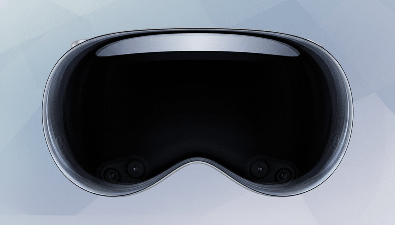 A sleek, dark virtual reality headset with a reflective front panel, presented on a professional flat design background with soft geometric patterns in a 16:9 aspect ratio.