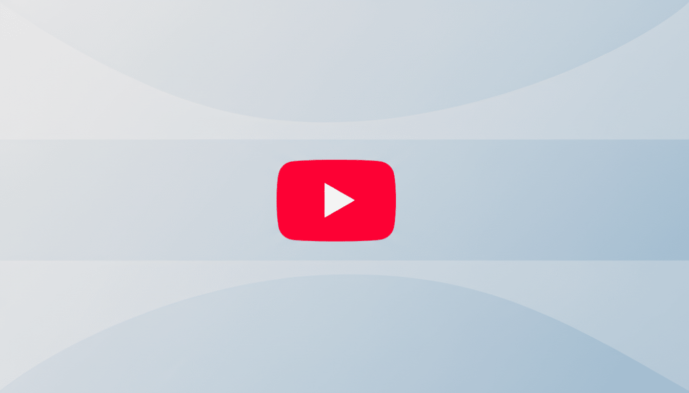 The YouTube play button logo, a red rounded rectangle with a white triangle pointing right, centered on a professional flat design background with soft gray and white gradients and subtle wave patterns.