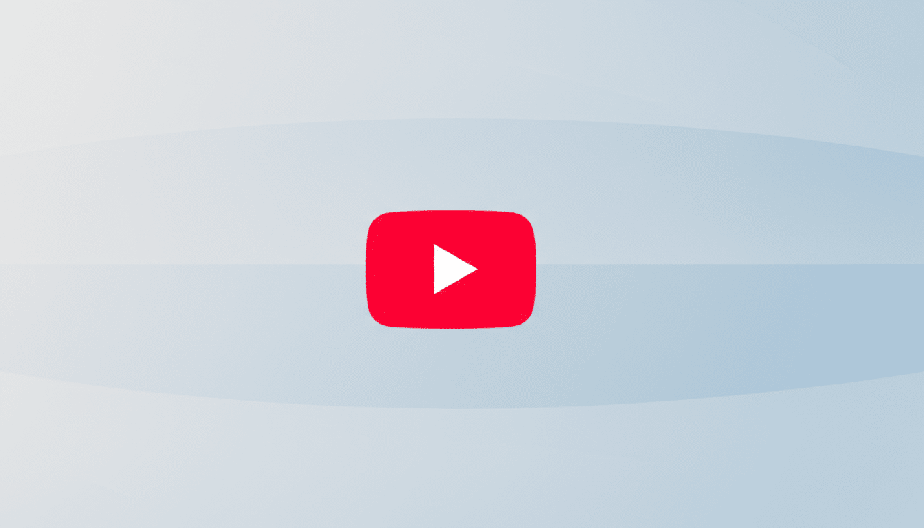 The YouTube play button logo, a red rounded rectangle with a white triangle pointing right, centered on a professional flat design background with soft blue and gray gradients and subtle wave patterns.