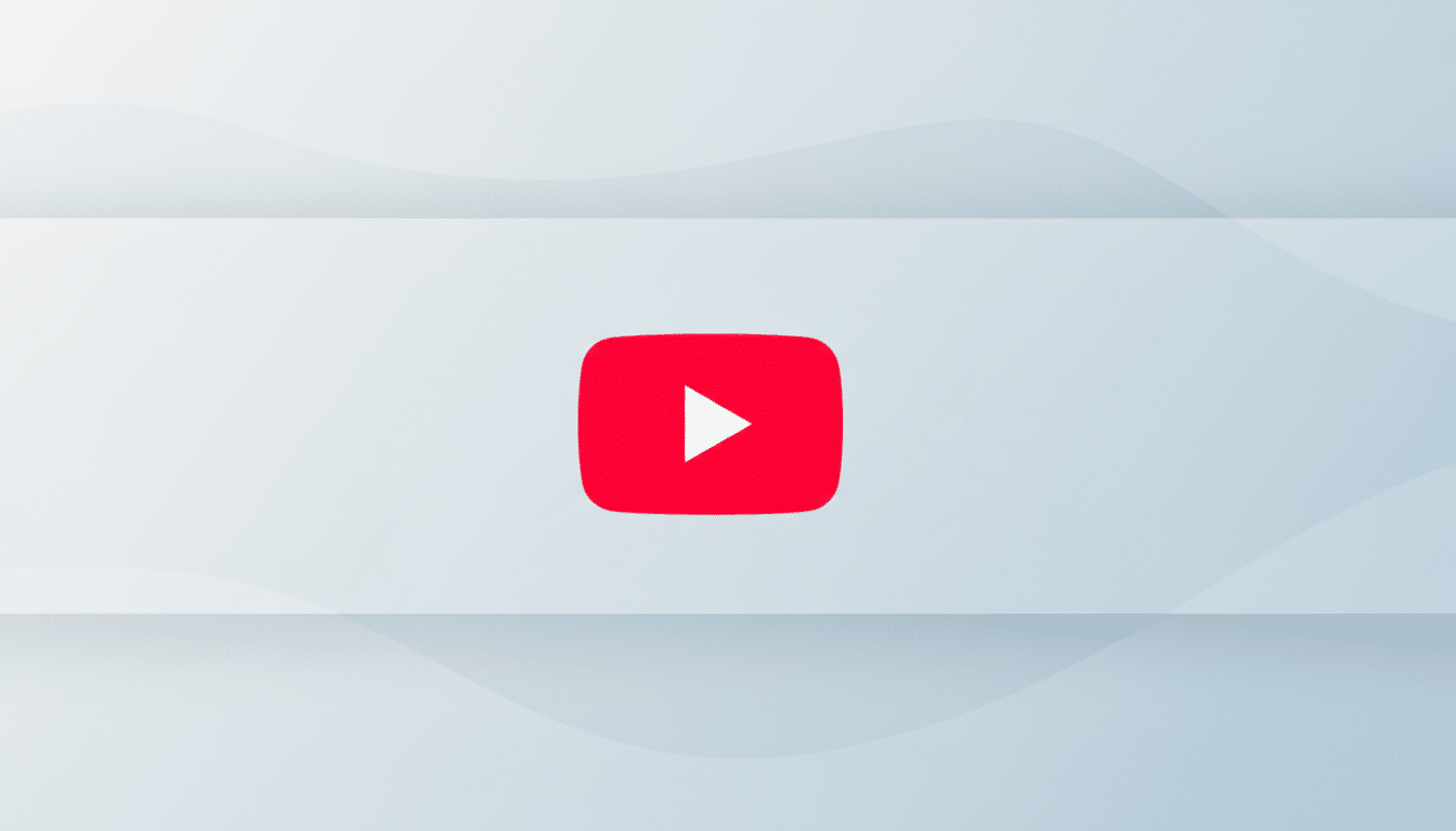 The YouTube play button logo, a red rounded rectangle with a white triangle pointing right, centered on a professional flat design background with soft gray and white gradients and subtle wave patterns.