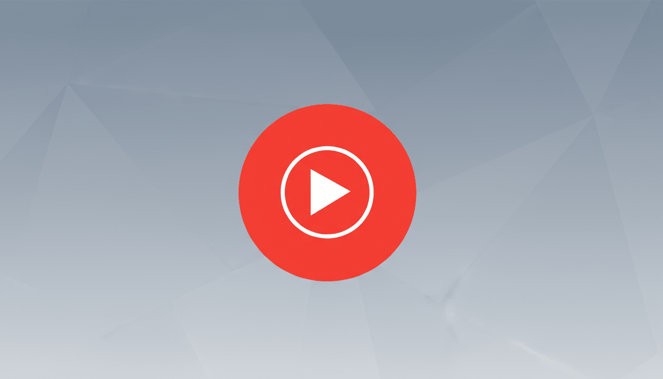 A red circle with a white play button icon in the center, set against a professional flat design background with soft gray geometric patterns.
