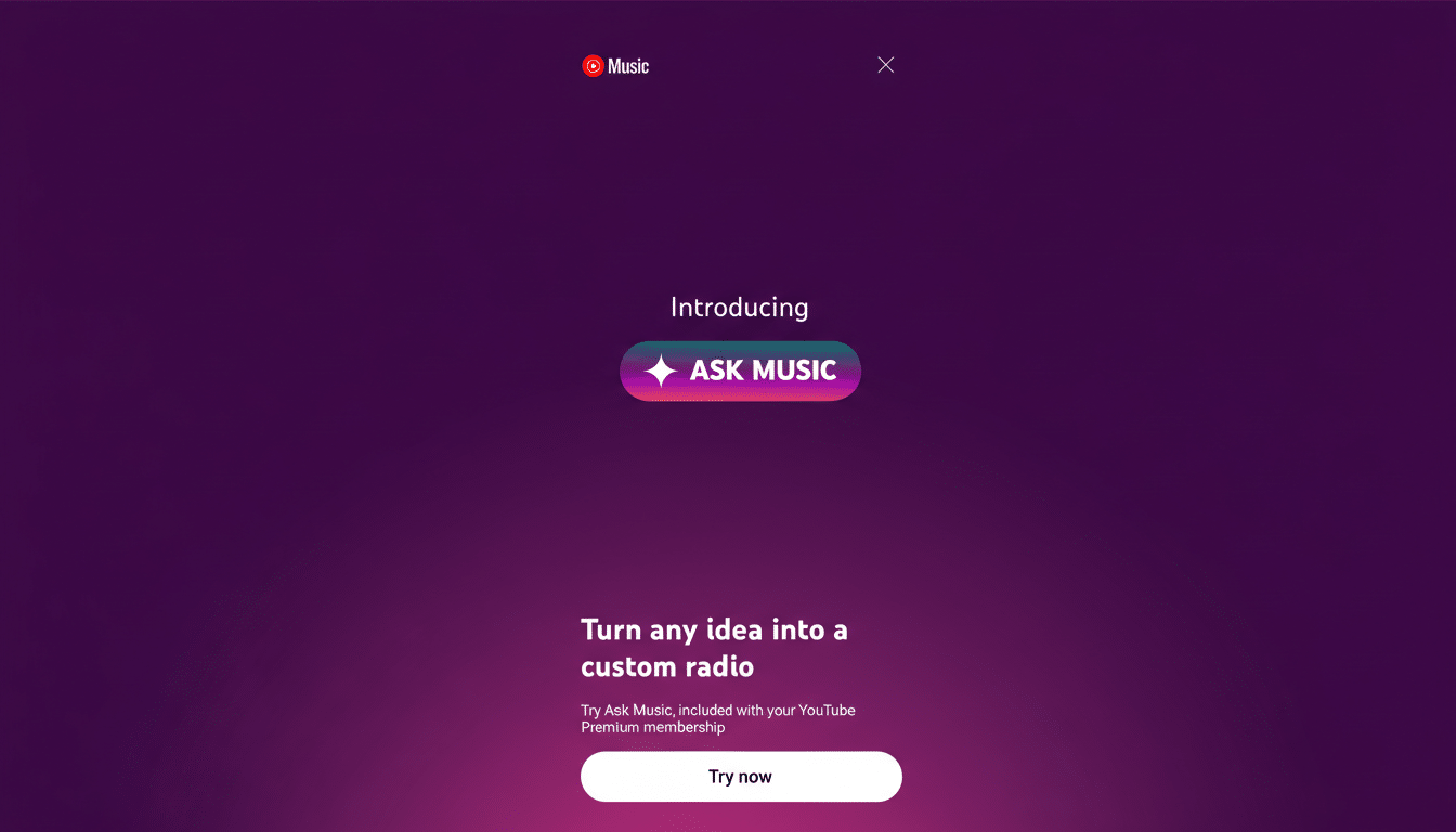A screenshot of the YouTube Music app interface, resized to a 16:9 aspect ratio. The screen has a dark purple background with a subtle gradient. At the top left, the YouTube Music logo is visible, and on the top right, an X icon. In the center, a button with a shimmering star icon and the text ASK MUSIC is displayed. Below it, the text Introducing is shown. Towards the bottom, the text Turn any idea into a custom radio is present, followed by Try Ask Music, included with your YouTube Premium membership, and a Try now button.