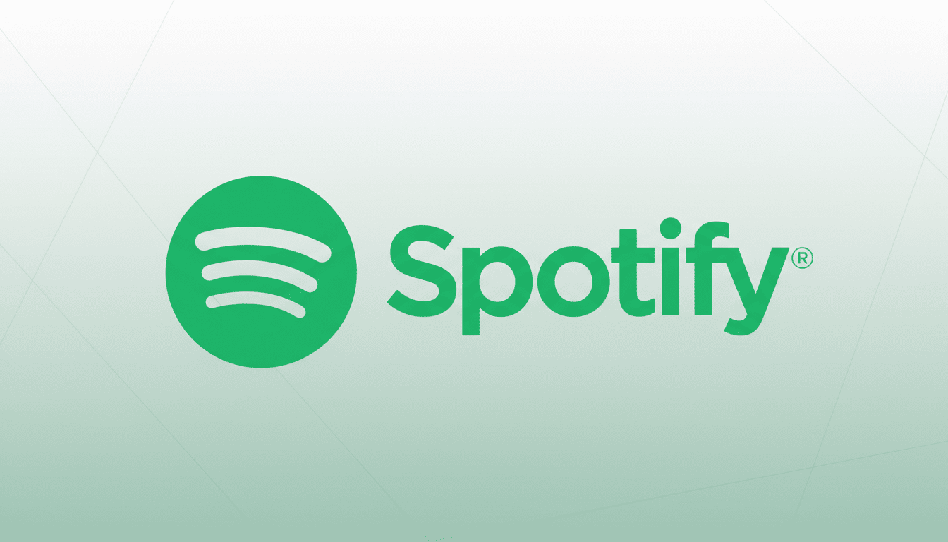 The Spotify logo, featuring a green circle with three curved lines inside, next to the word Spotify in green text, set against a professional flat design background with a soft green gradient and subtle geometric patterns.