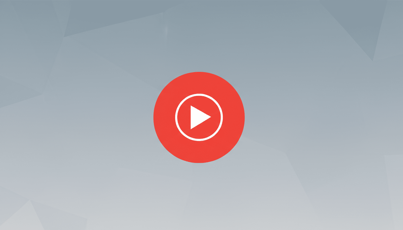 A red circle with a white play button icon in the center, set against a professional flat design background with soft gray geometric patterns.