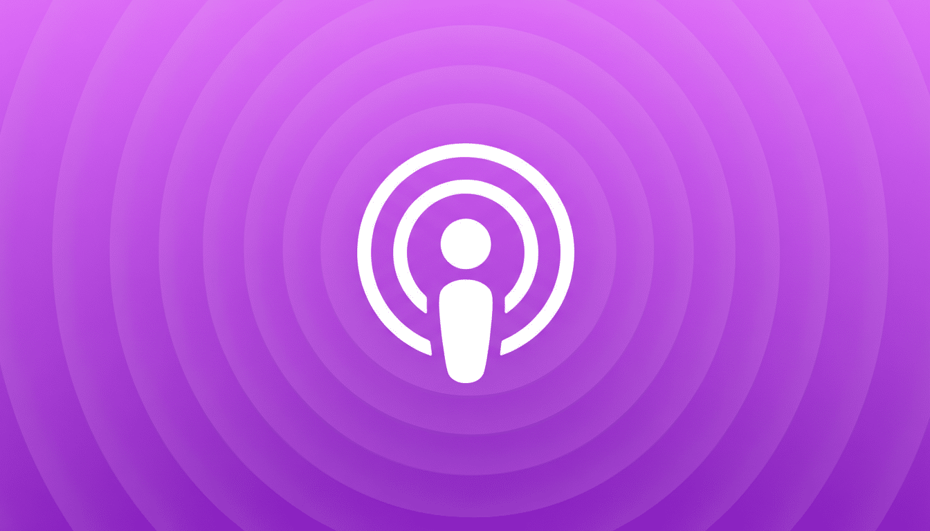 A white podcast icon centered on a purple background with subtle concentric circle patterns.