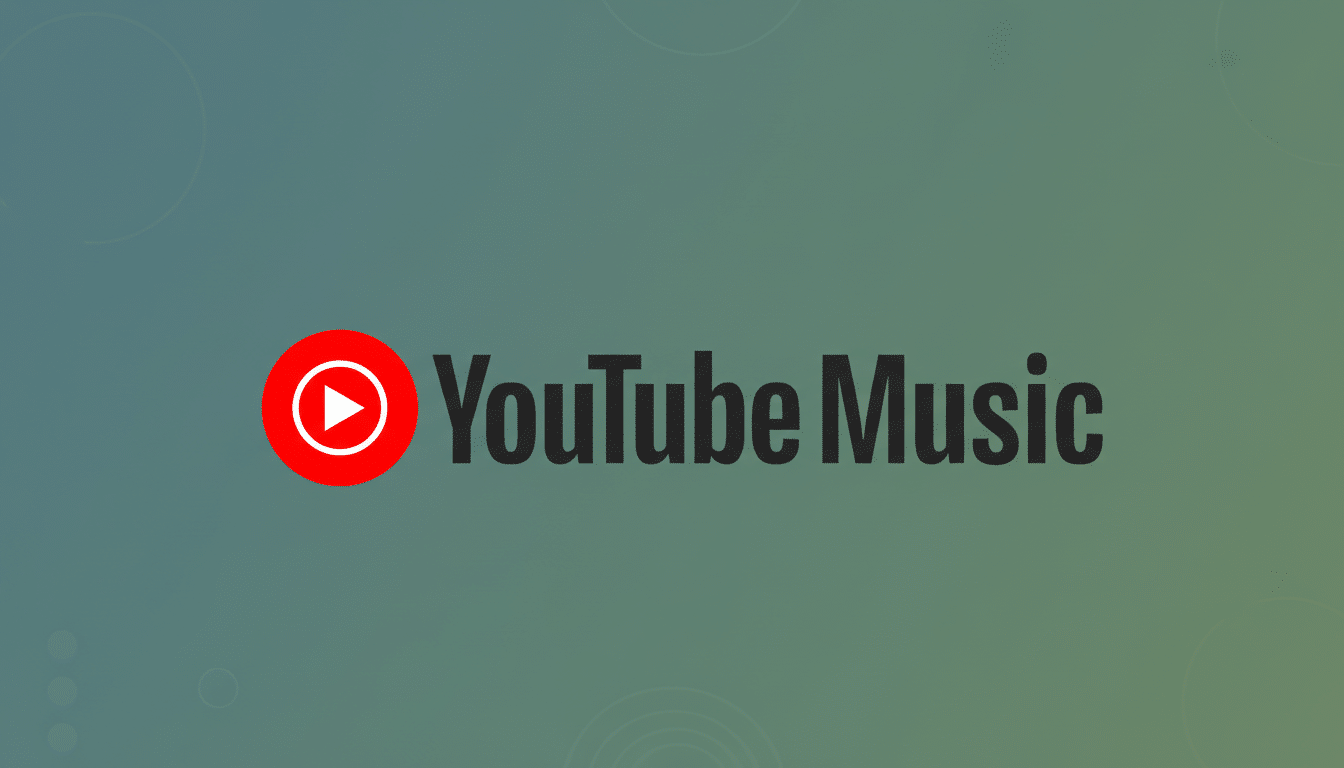 The YouTube Music logo, featuring a red play button icon within a white circle, followed by the words YouTube Music in dark gray text, set against a professional flat design background with soft gradients and subtle circular patterns.