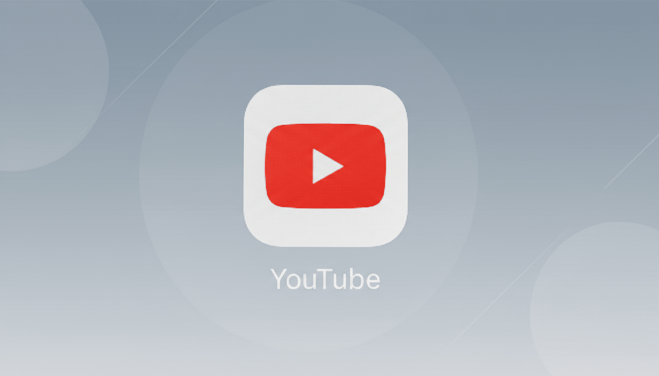 The YouTube app icon, featuring a red play button on a white background, centered on a professional flat design background with soft gray patterns and gradients.
