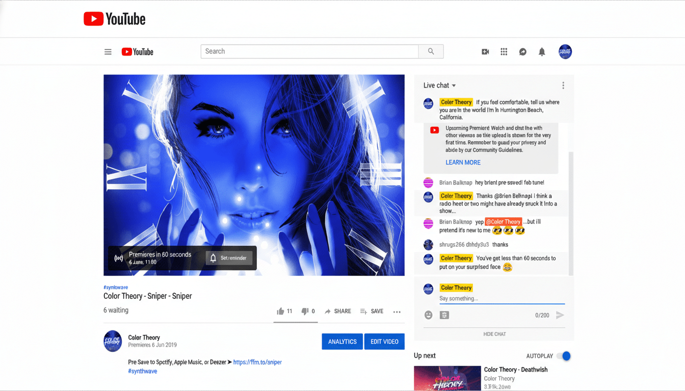 A YouTube screenshot showing a music video titled Color Theory - Sniper with a blue-toned image of a womans face as the thumbnail. The video is set to premiere in 60 seconds, and a live chat is visible on the right side of the screen.