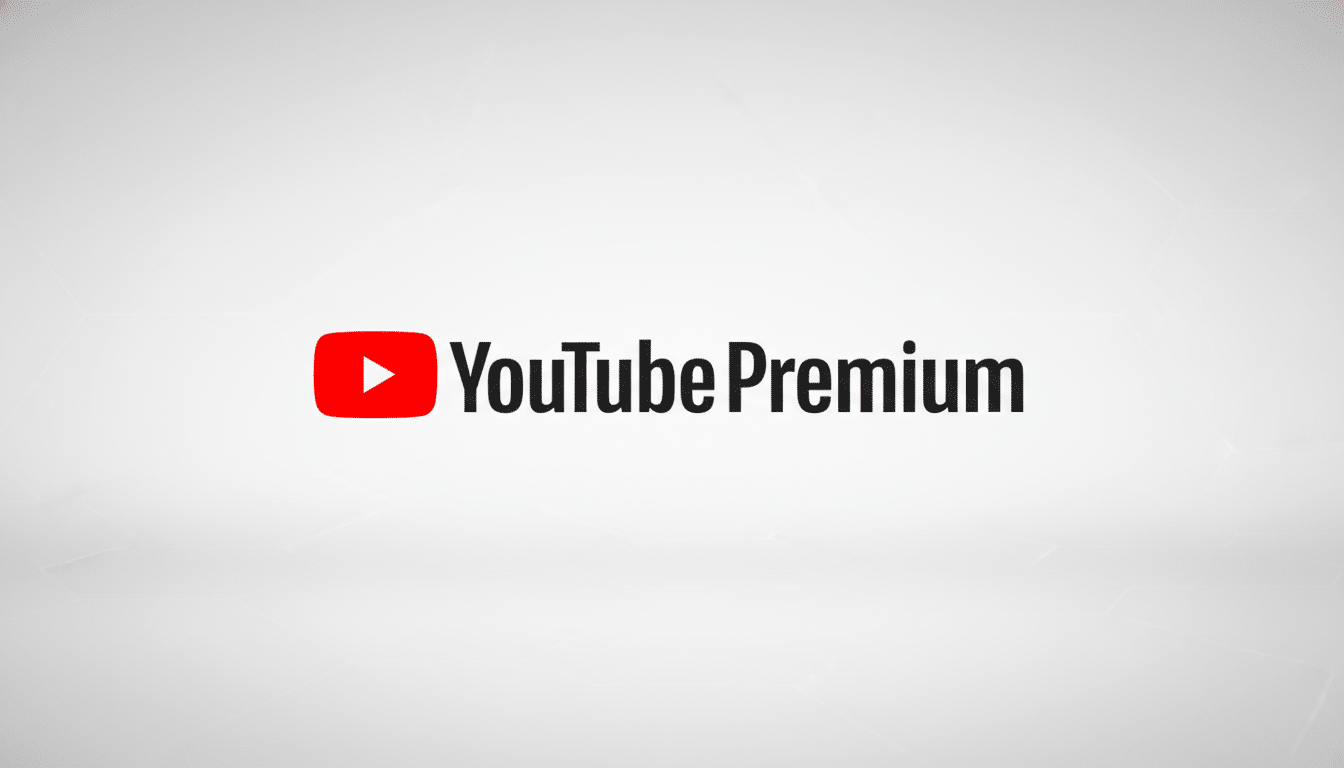 The YouTube Premium logo, featuring the red YouTube play button icon next to the words YouTube Premium in black text, centered on a professional light gray background with subtle, soft patterns.