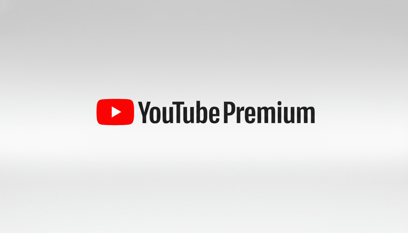 The YouTube Premium logo, featuring the red play button icon and YouTube Premium text in black, centered on a professional light gray background with subtle hexagonal patterns.