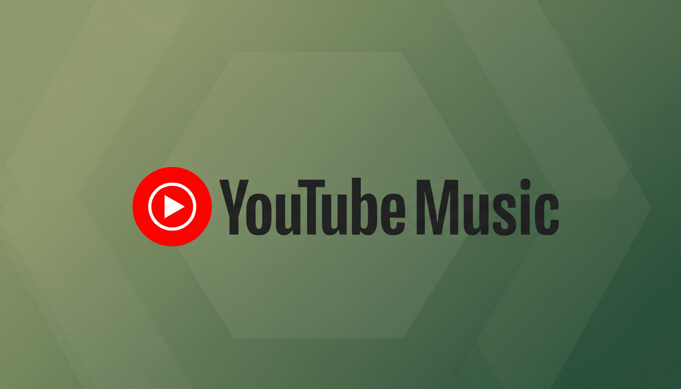 The YouTube Music logo, featuring a red play button icon within a white circle, followed by the words YouTube Music in dark gray text, set against a professional flat design background with soft green gradients and subtle hexagonal patterns.