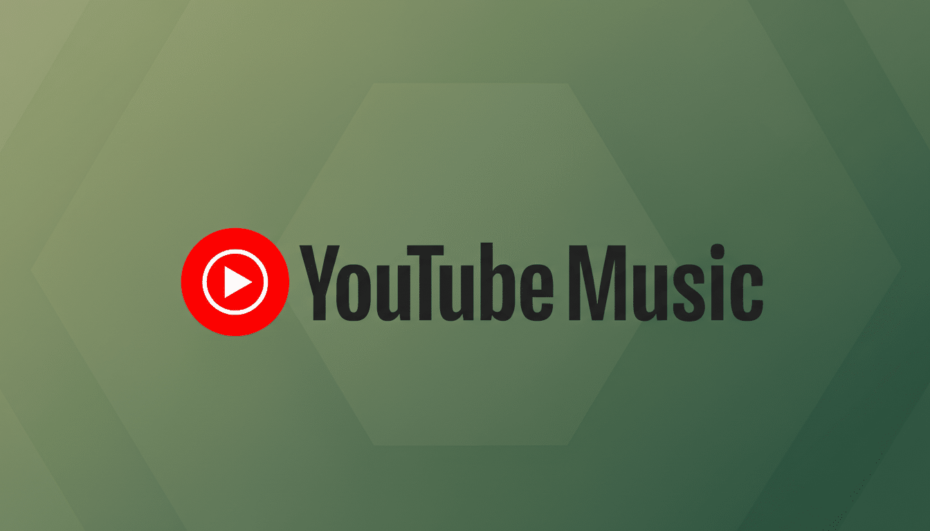 The YouTube Music logo, featuring a red play button icon within a white circle, followed by the words YouTube Music in dark gray text, all set against a professional flat design background with soft green gradients and subtle hexagonal patterns.
