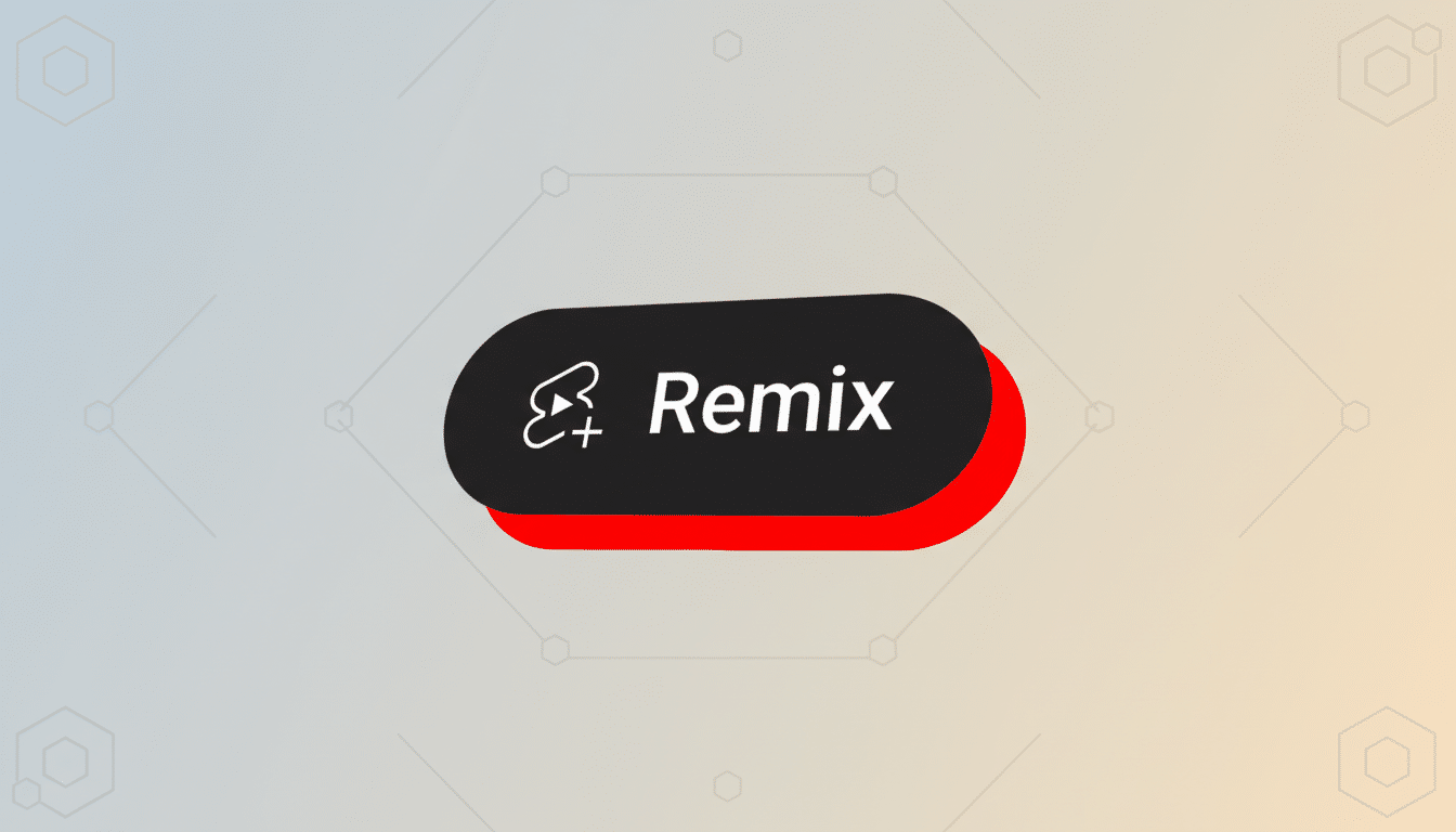 A black and red Remix button with a play icon, set against a professional light gray and beige gradient background with subtle hexagonal patterns.
