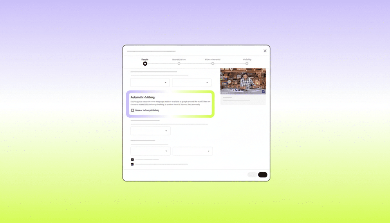 A screenshot of a video editing interface with an Automatic dubbing option highlighted, set against a gradient background.