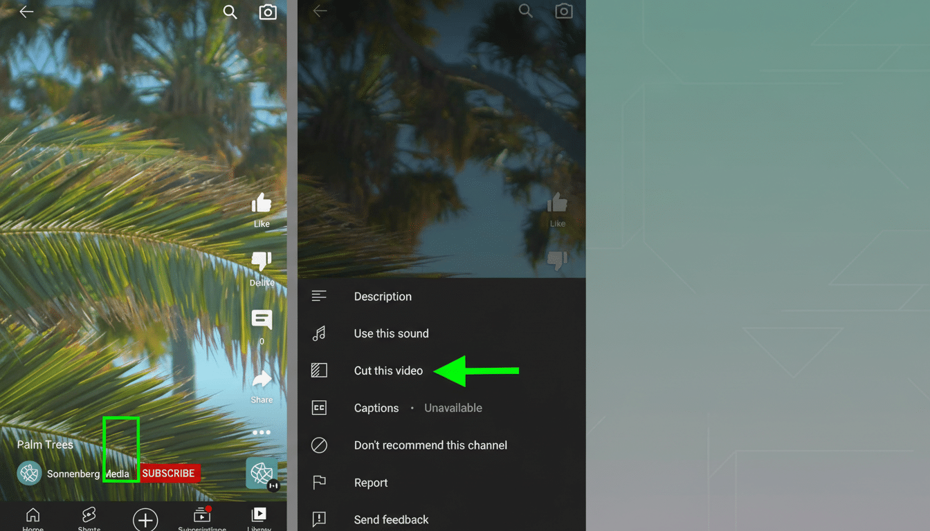 A 16:9 aspect ratio image showing a split screen of a YouTube Shorts video interface. The left side shows a video of palm trees with a green square highlighting the three-dot menu. The right side shows the menu expanded, with a green arrow pointing to Cut this video. The background has been extended with a professional flat design featuring soft geometric patterns and gradients.