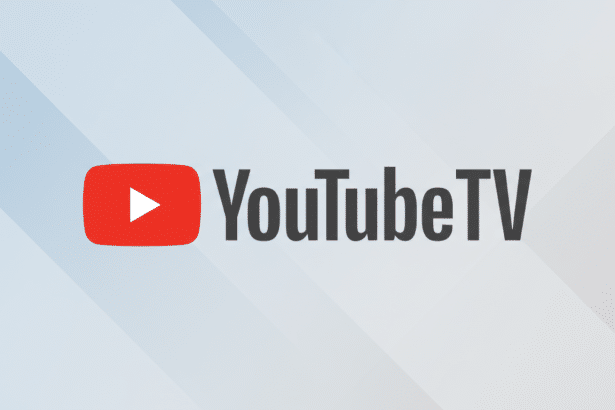 The YouTube TV logo, featuring a red play button icon next to the text YouTube TV in dark gray, presented on a professional flat design background with soft gray and white diagonal patterns.