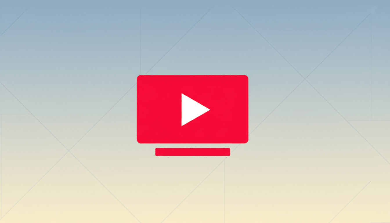 A red video player icon with a white play button, set against a professional flat design background with soft blue and yellow gradients and subtle geometric patterns.