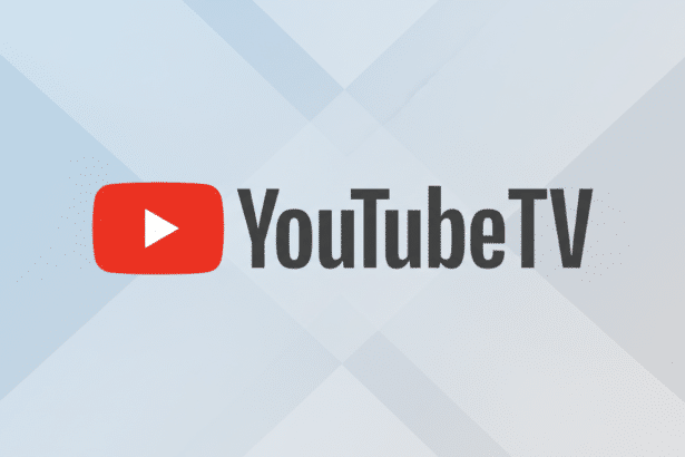 The YouTube TV logo, featuring a red play button icon next to the text YouTube TV in dark gray, set against a professional flat design background with soft gray and blue geometric patterns.