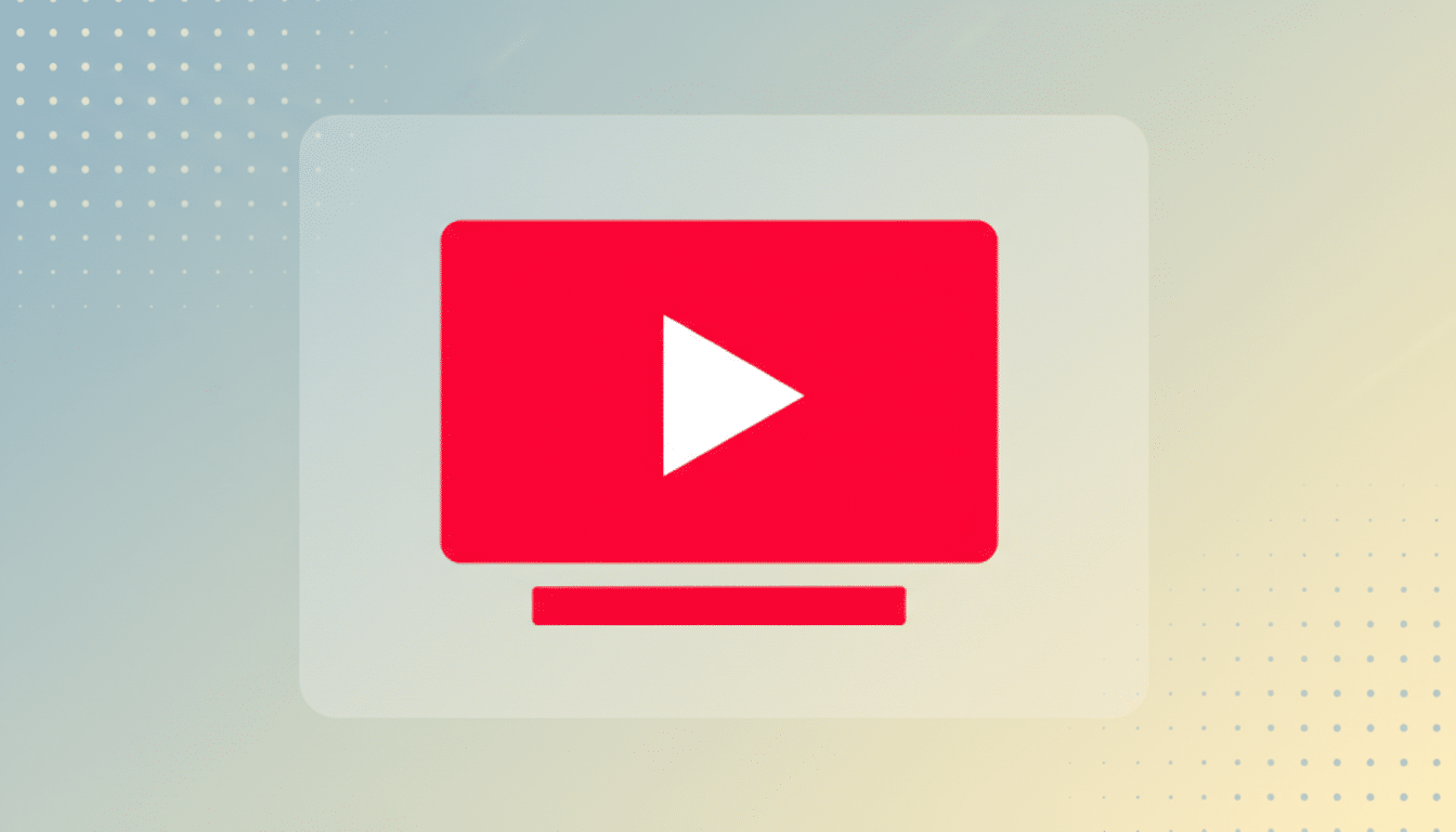A red rectangular icon with rounded corners, depicting a television screen with a white play button triangle in the center, is presented on a professional flat design background with soft patterns and gradients.