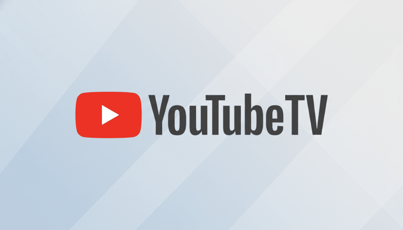 The YouTube TV logo, featuring a red play button icon next to the text YouTube TV in dark gray, set against a professional light gray background with subtle diagonal patterns and a soft gradient.