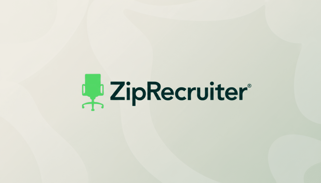 The ZipRecruiter logo, featuring a green office chair icon to the left of the word ZipRecruiter in dark green text, set against a light grey background with subtle, soft grey wave patterns.