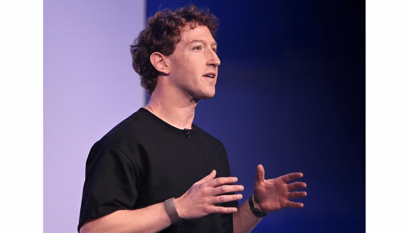 Mark Zuckerberg speaking at an event, resized to a 16:9 aspect ratio with the original background maintained.
