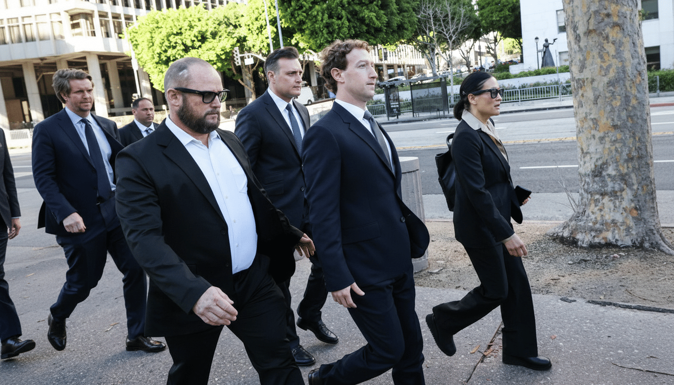 Mark Zuckerberg and his entourage walking on a sidewalk.