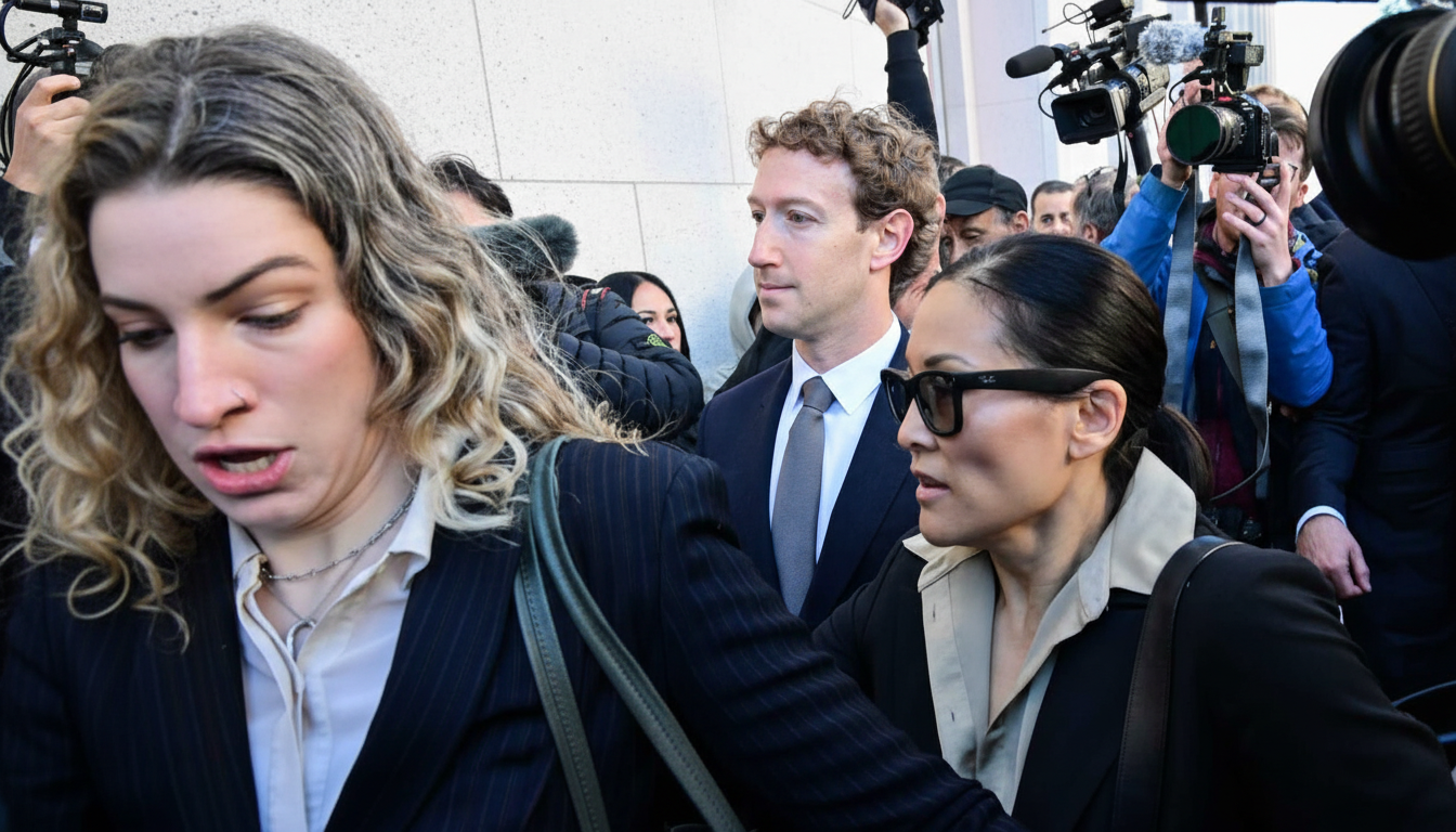 Mark Zuckerberg, wearing a suit and tie, is surrounded by people and cameras, with two women in the foreground.