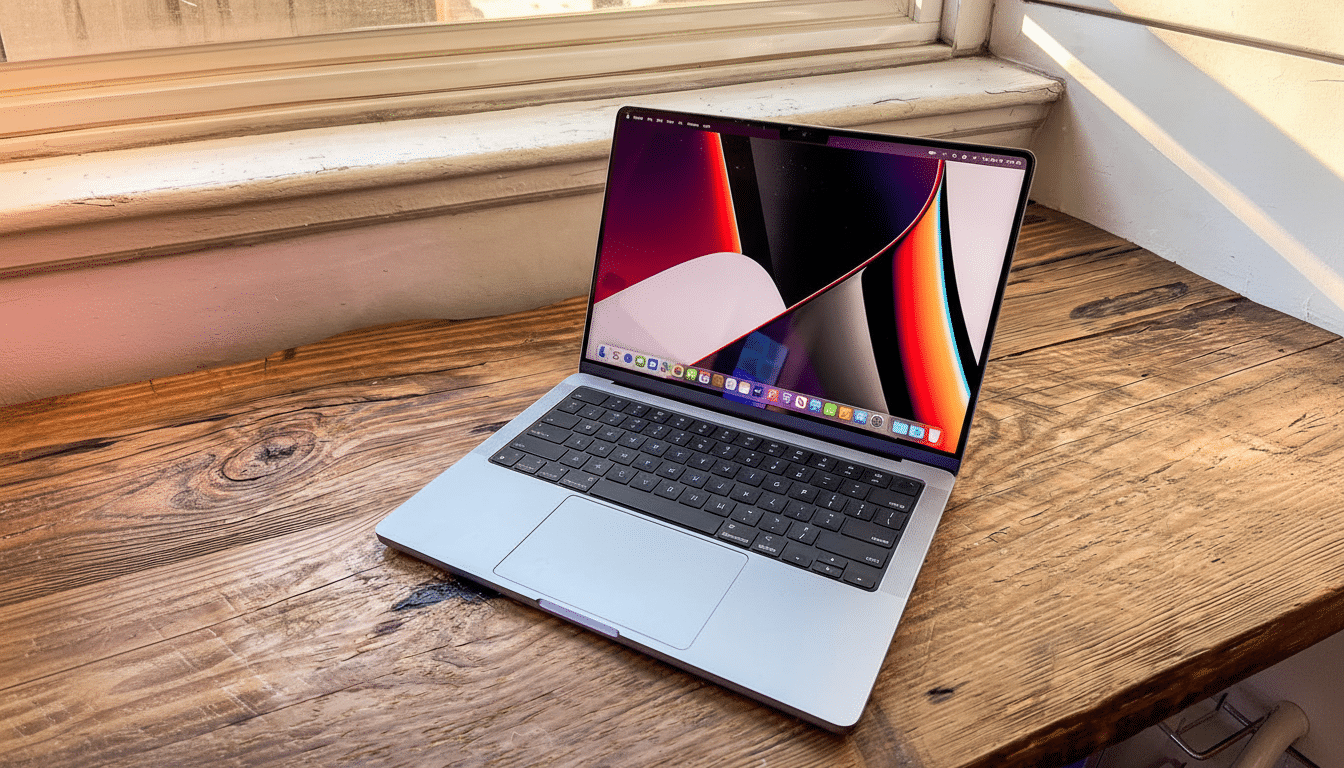 A silver MacBook Pro laptop with a colorful abstract wallpaper on its screen, sitting on a rustic wooden desk next to a window with sunlight streaming in.
