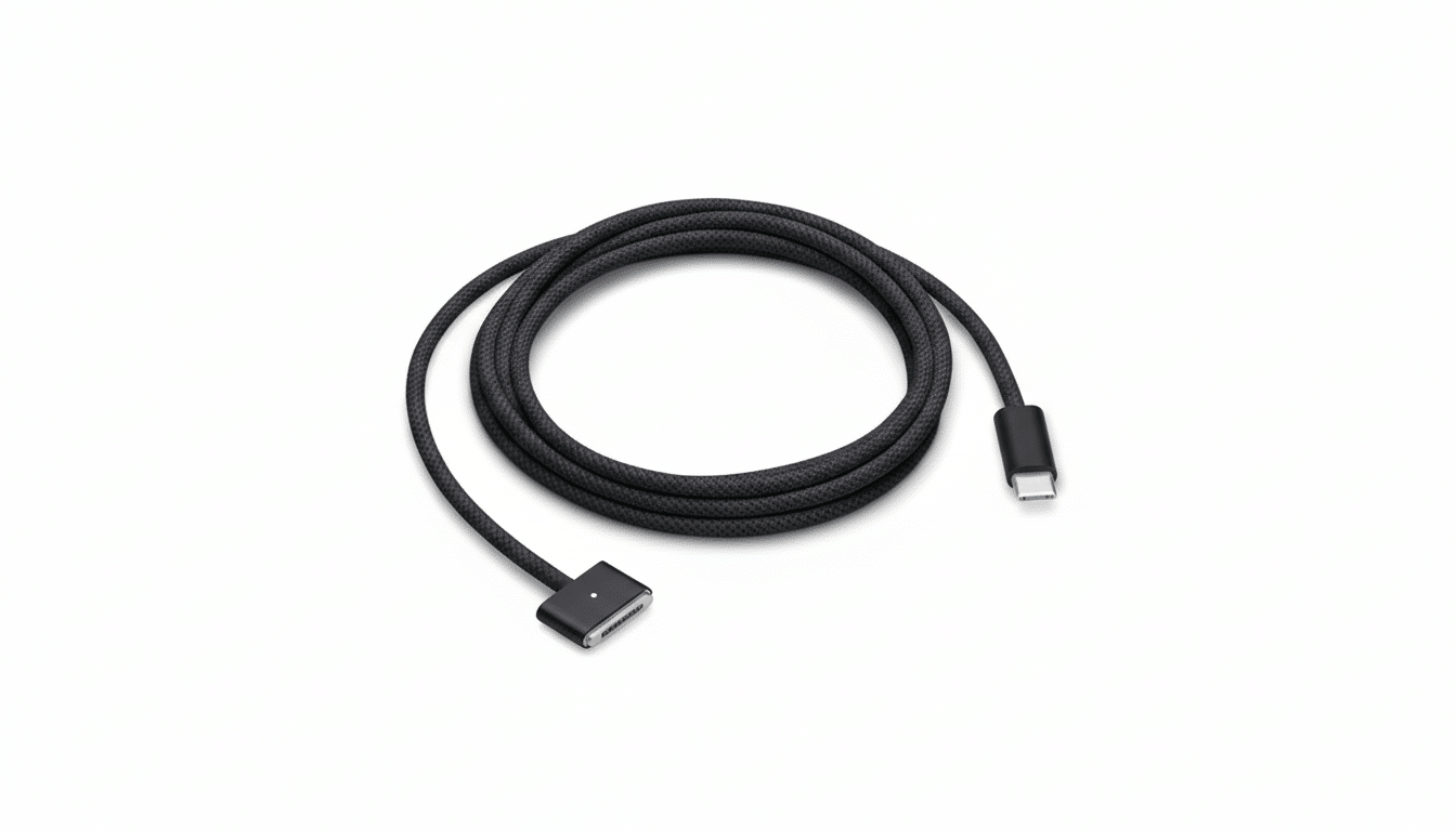 A black braided USB-C to MagSafe 3 cable coiled on a white background.