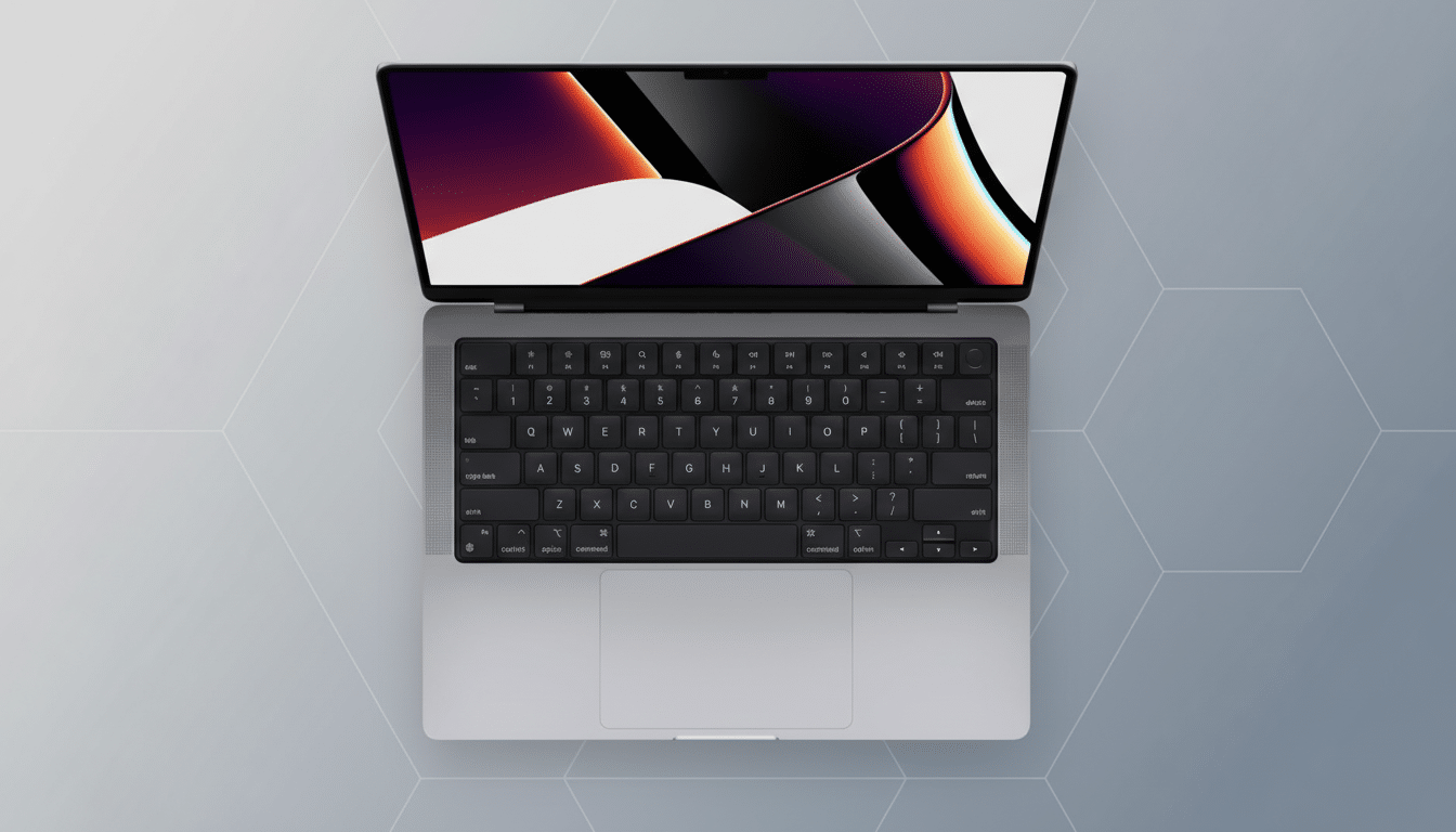 A top-down view of a silver MacBook Pro with its screen open, displaying a colorful abstract wallpaper. The laptop is centered on a professional flat design background with soft gray hexagonal patterns.