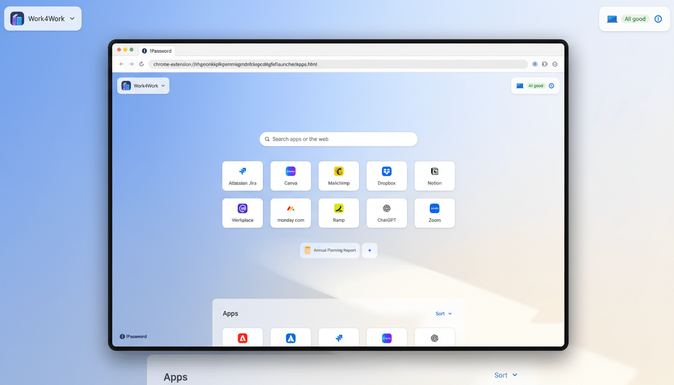 A screenshot of the 1Password browser extension interface, displaying various app icons and a search bar, resized to a 16:9 aspect ratio with a professional, soft gradient background.
