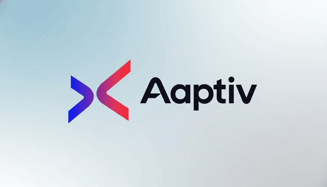 The Aaptiv logo, featuring a blue and red gradient arrow-like icon to the left of the word Aaptiv in black text, presented on a professional light blue and white gradient background with subtle diagonal lines.