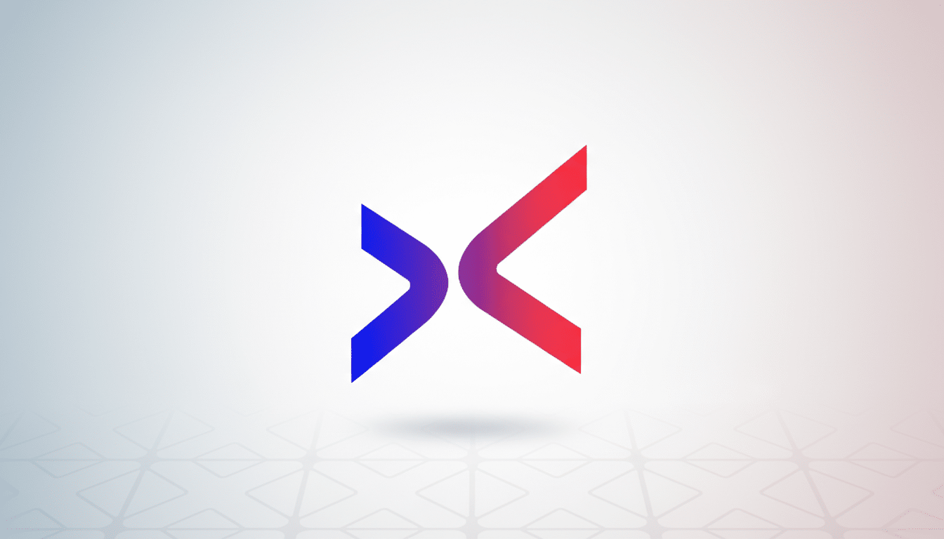 A professional 16:9 image featuring a stylized X logo with a blue-to-purple gradient on the left half and a purple-to-red gradient on the right half, centered on a light gray background with a subtle geometric pattern and a soft gradient from light blue on the left to light red on the right.