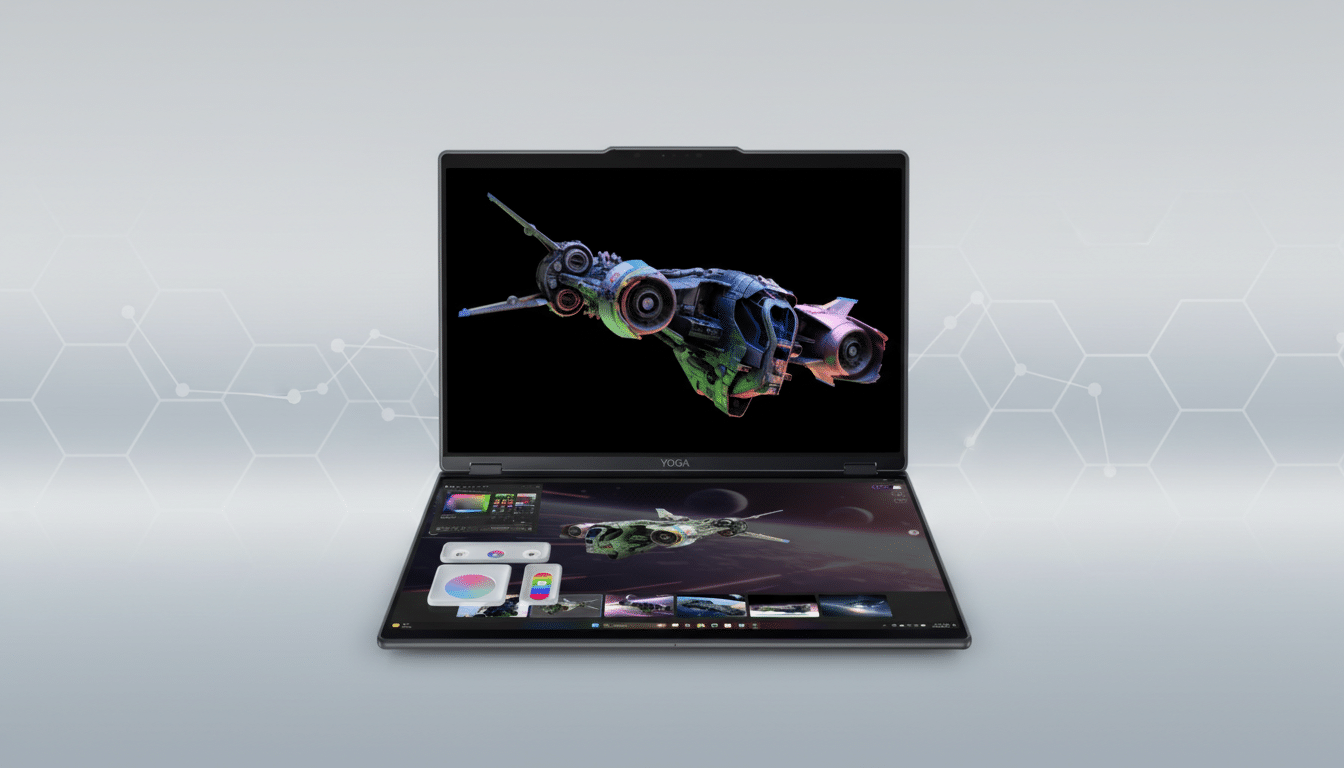A Lenovo Yoga laptop with a spaceship rendered on its screen, set against a professional flat design background with soft patterns.
