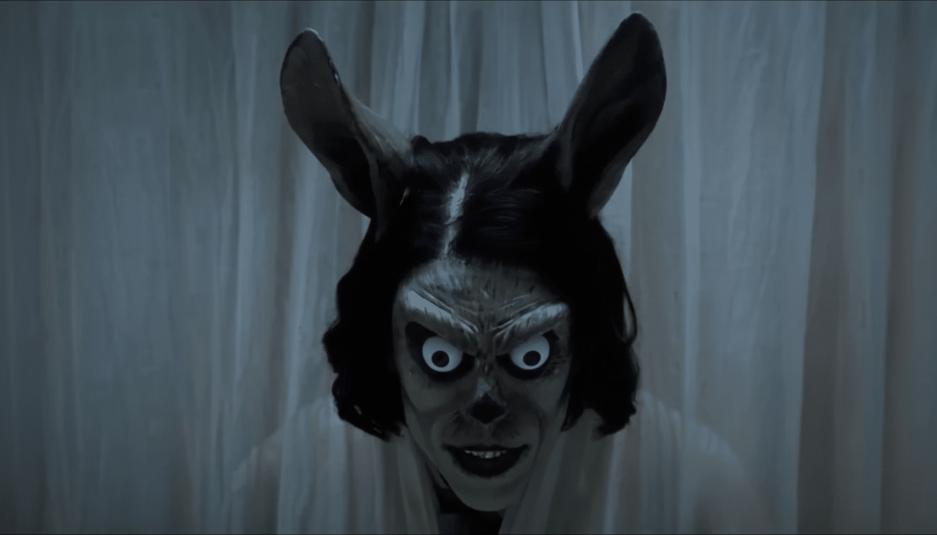 A person in a creepy rabbit-like mask with large ears and glowing white eyes, against a draped white background.
