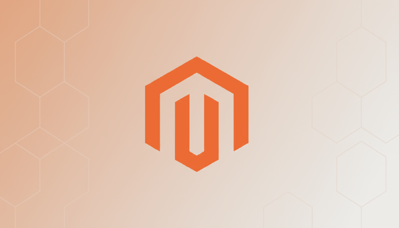 The Magento logo, an orange hexagonal shape with an abstract M inside, centered on a professional 16:9 background with a soft orange gradient and subtle hexagonal patterns.