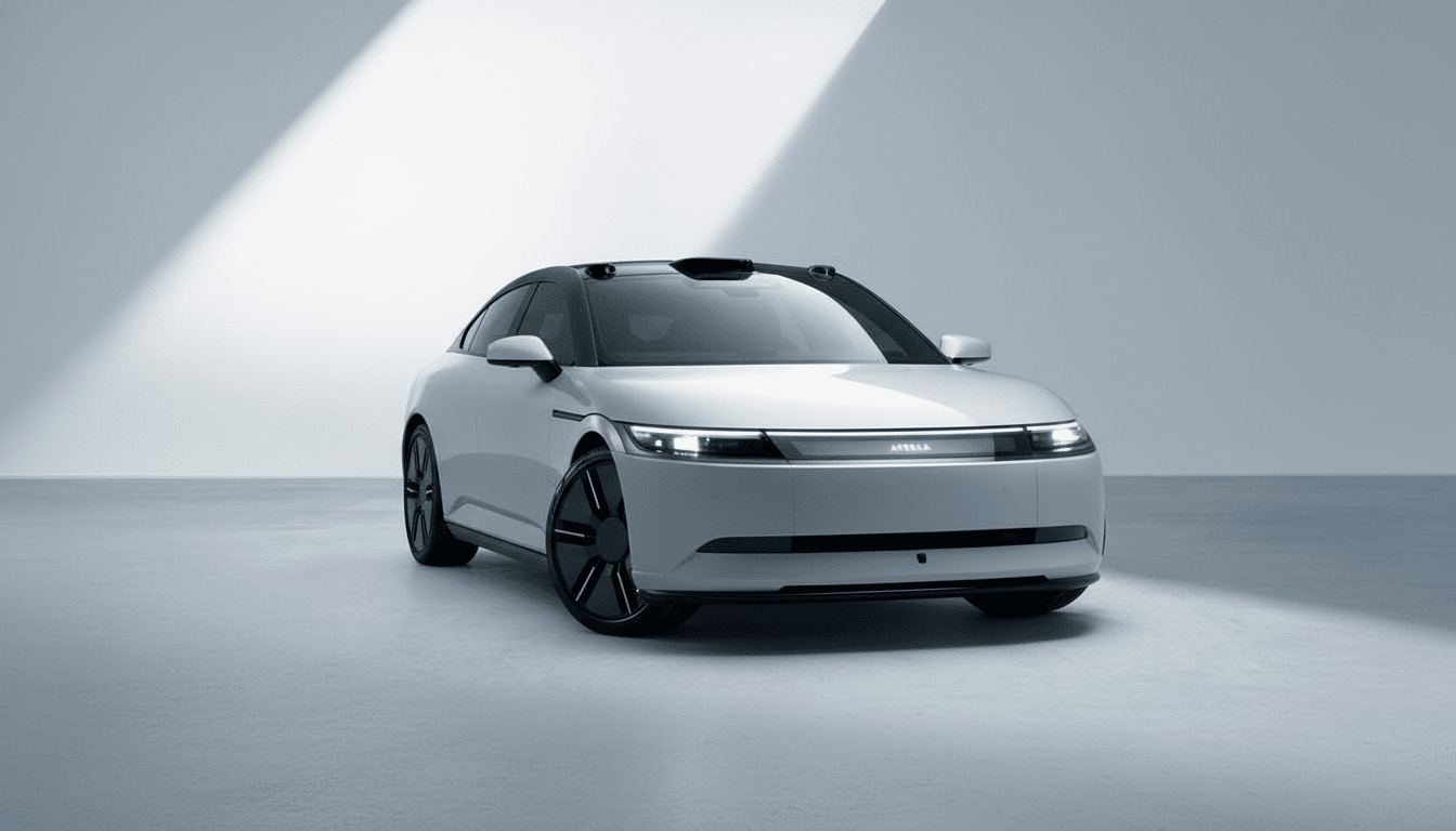 A sleek, light gray Afeela electric car is parked in a minimalist studio with a white background and subtle shadows.
