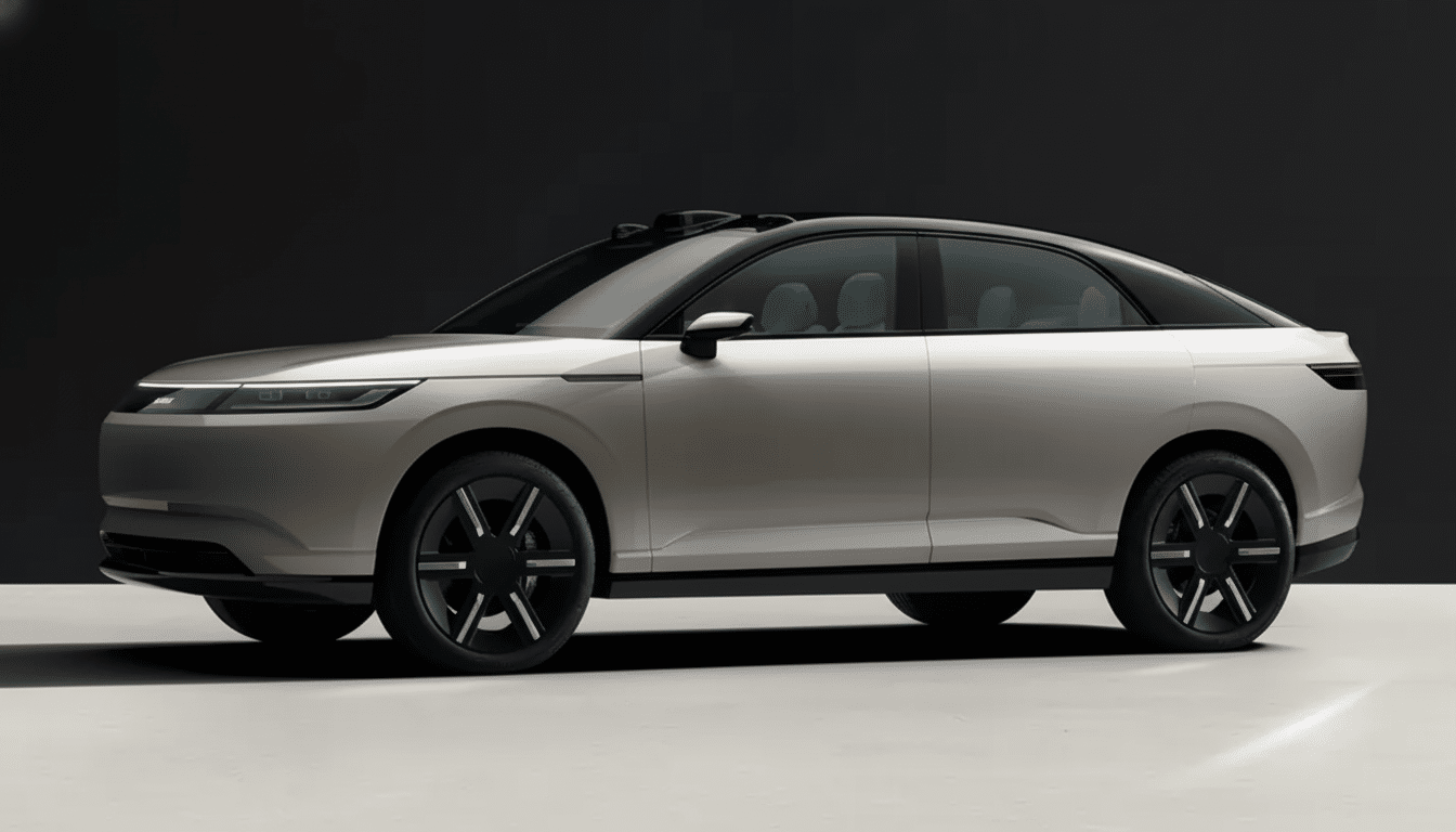 A sleek, modern car with a light beige body and a black roof, presented against a dark background with a light grey floor.