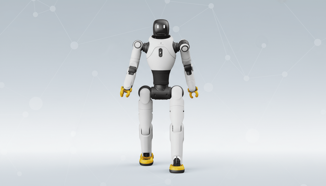 A white and black humanoid robot with yellow hands and feet stands against a professional light gray background with subtle geometric patterns.