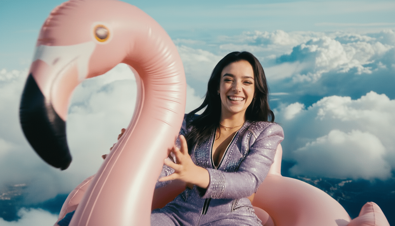 A smiling woman in a shimmering purple outfit sits on a pink inflatable flamingo against a backdrop of clouds and blue sky.