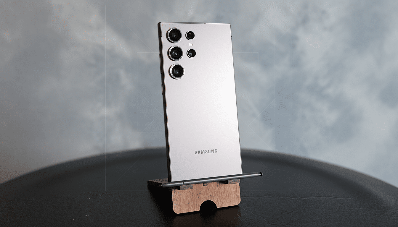 A Samsung smartphone in a wooden stand with a stylus, set against a professional flat design background with soft patterns.