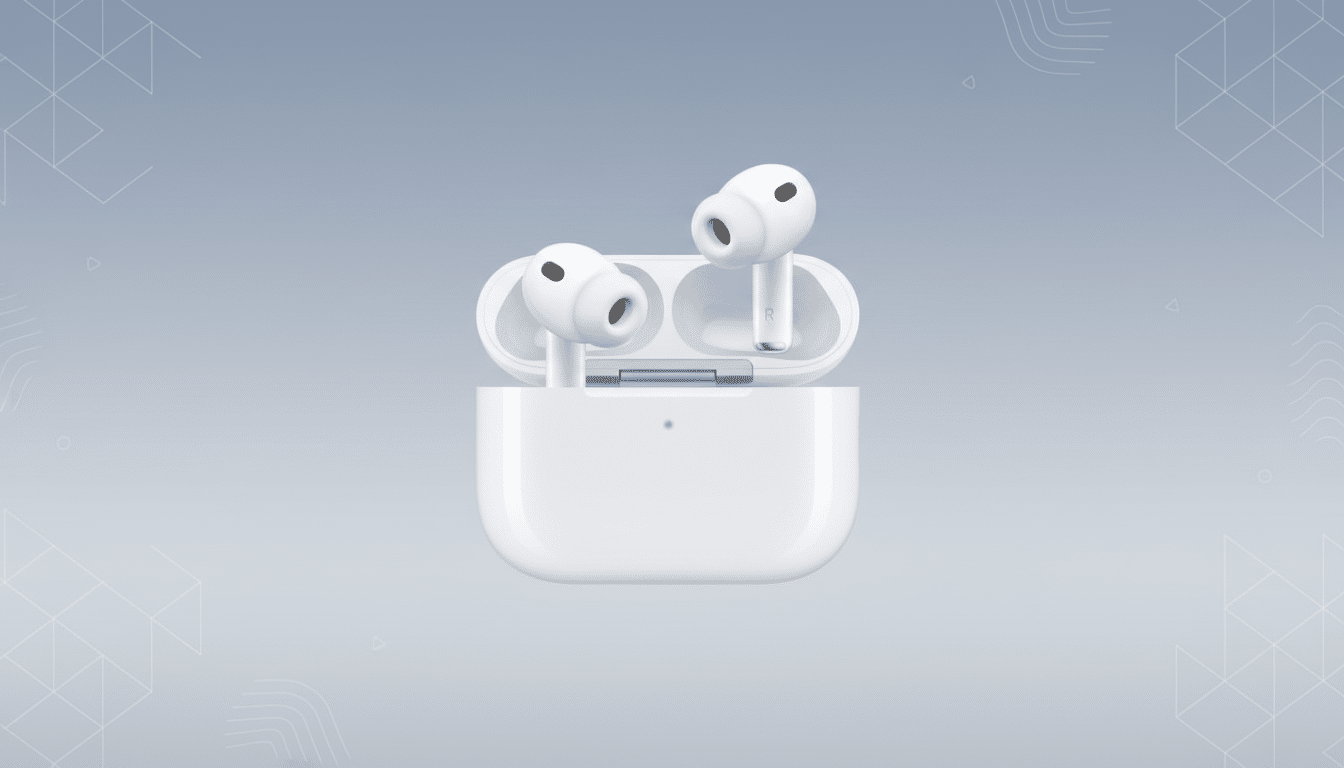 A pair of white wireless earbuds in their open charging case, presented on a professional flat design background with soft patterns and gradients.