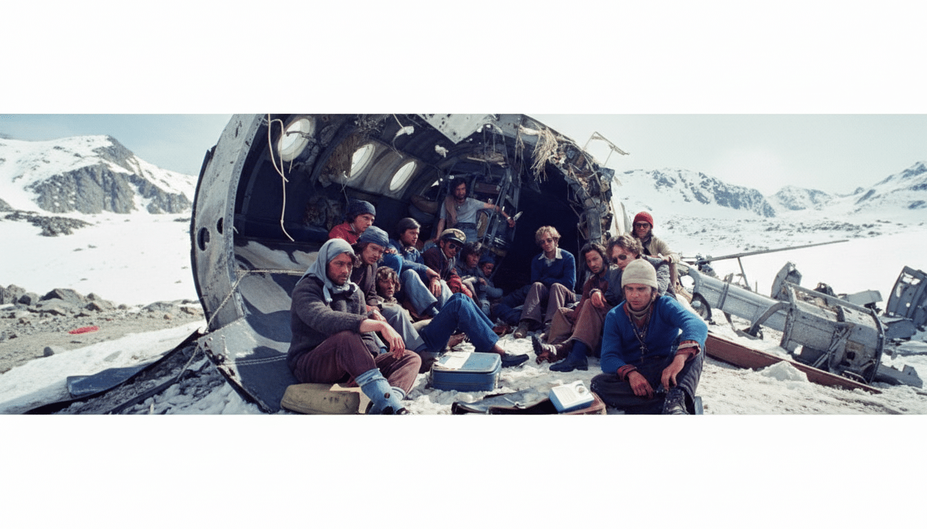 A group of men, survivors of a plane crash, sit together in the snow next to the wreckage of the plane, with snowy mountains in the background.