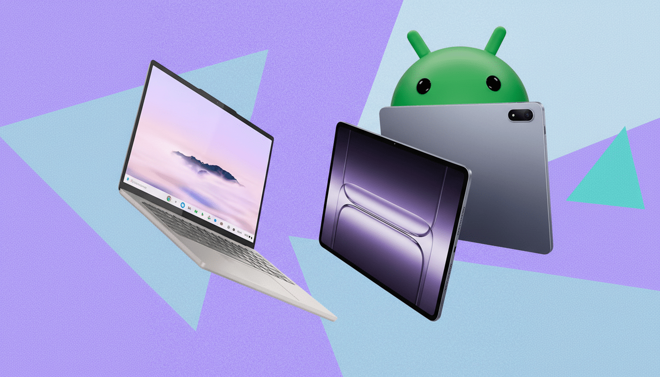 A laptop, a tablet, and the Android robot mascot are displayed against a purple and blue geometric background.