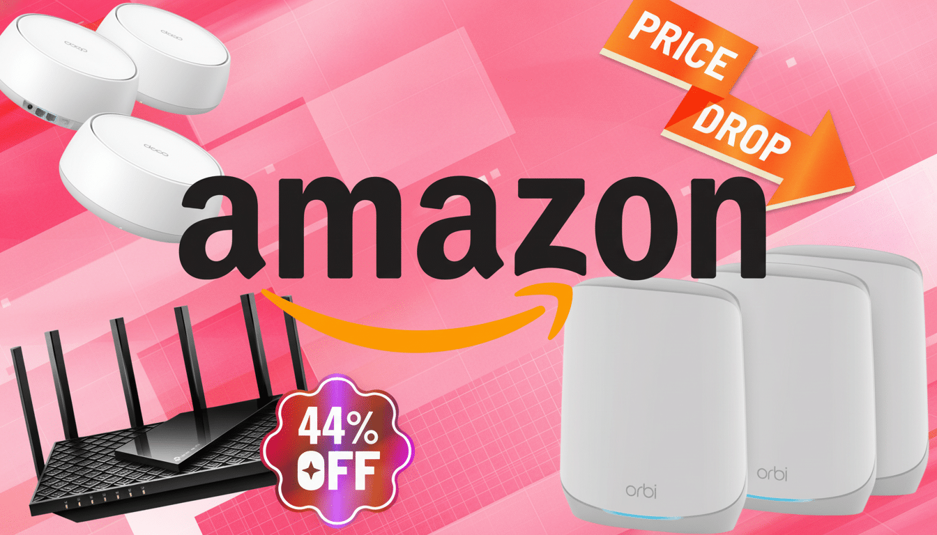 An Amazon advertisement for networking products, featuring a black router with a 44% OFF sticker, three white circular devices, and two white rectangular devices, all against a pink background with PRICE DROP arrows and the Amazon logo.