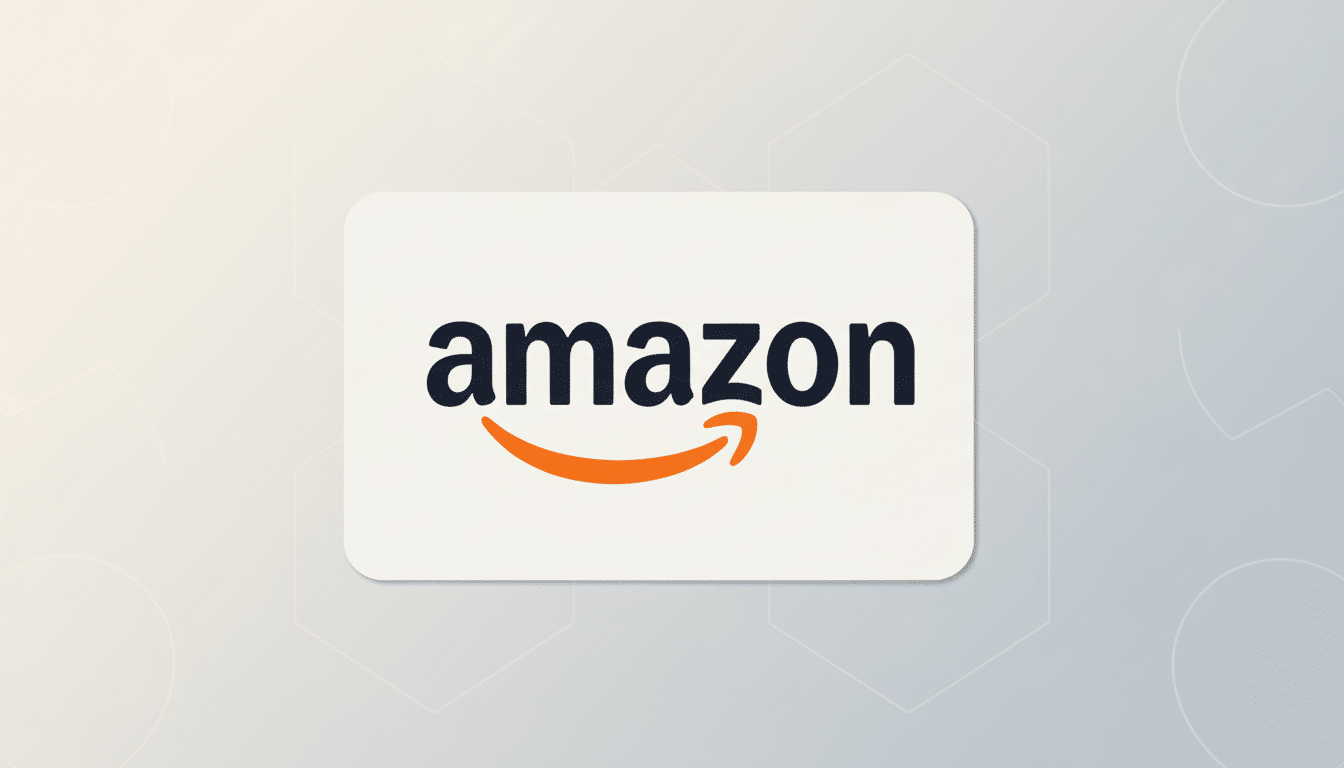 The Amazon logo, featuring the word amazon in black with an orange arrow forming a smile underneath, is centered on a light gray background with subtle hexagonal patterns.