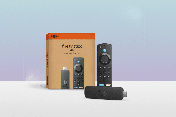 An Amazon Fire TV Stick 4K, its remote, and its packaging are displayed against a professional flat design background with soft patterns and gradients.