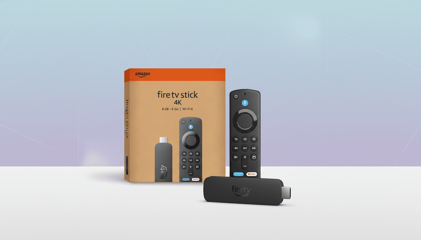 An Amazon Fire TV Stick 4K, its remote, and its packaging are displayed against a professional flat design background with soft patterns and gradients.